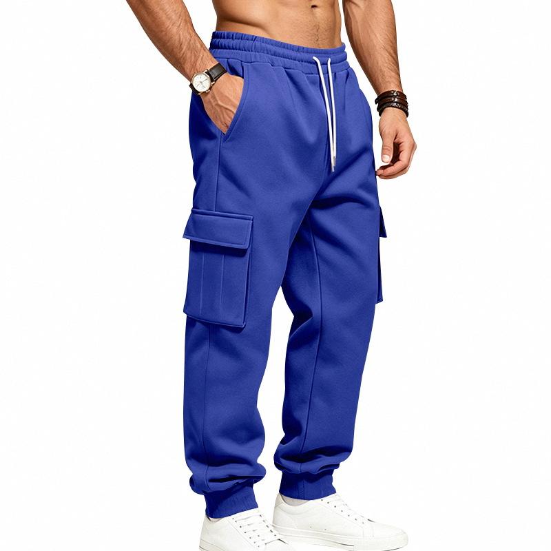 Men S Fleece Lined Cargo Sweatpants Drawstring Waist Multi Pockets Jogger Pants