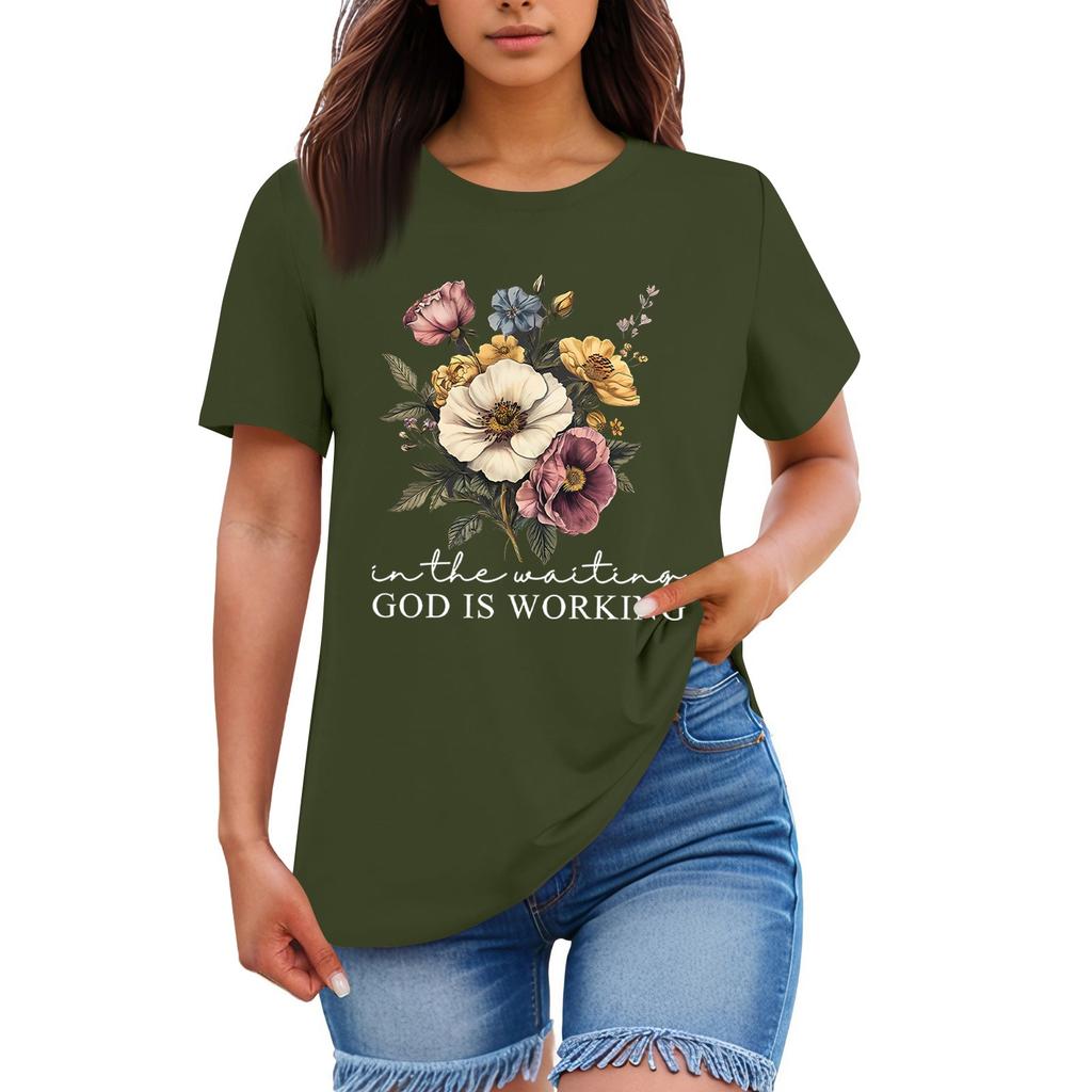 Ladies' Loose Comfortable Casual Fashionable Plant Flower Printed Round Neck Short Sleeved Shirt