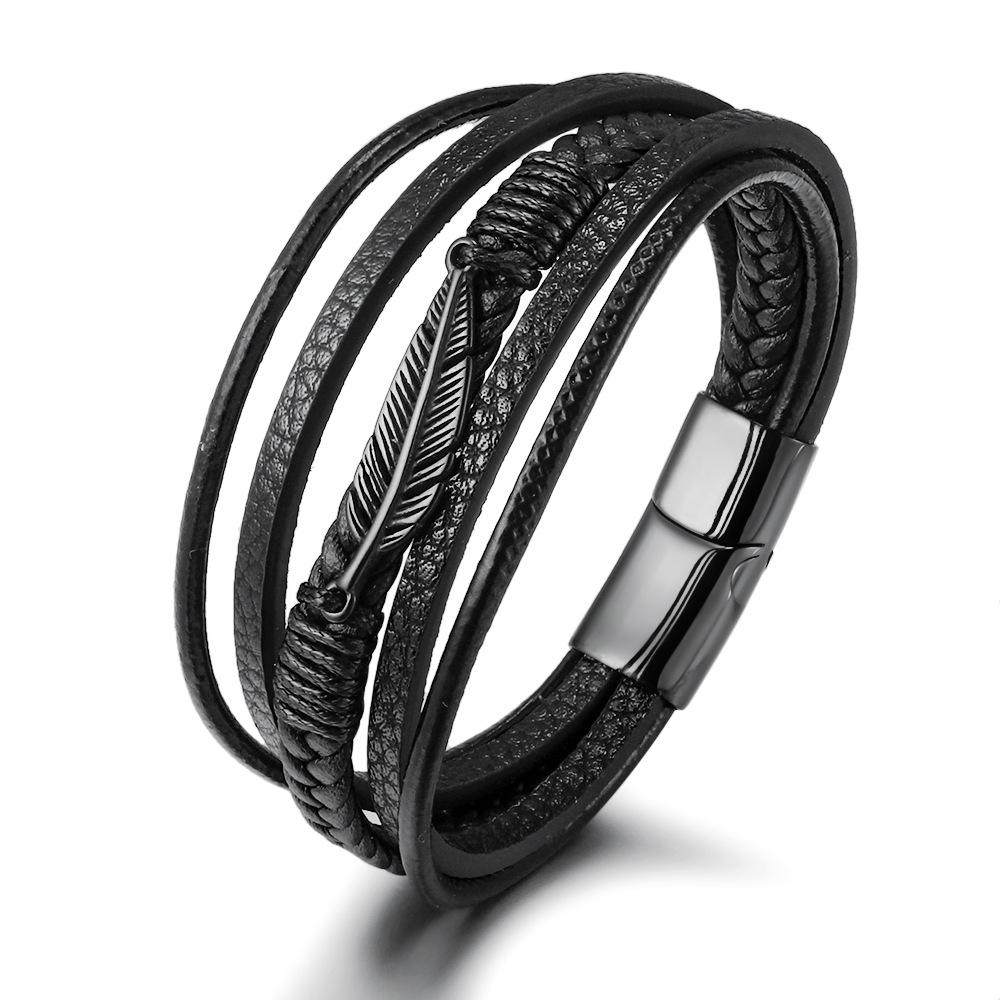 European and American Stainless Steel Feather Bracelet Men s Multi-layer Leather Woven Titanium Steel Magnetic Buckle Bracelet чёрный