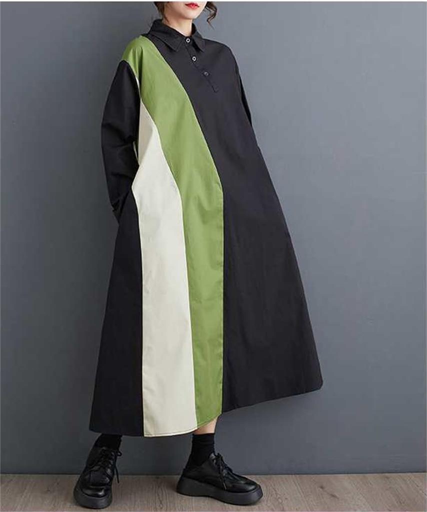 Long Long Flattering with Perfect for and Winter One Size Fits [Mouhoukyo] Women's Dress, Midi-Length, Patchwork, Sleeves, Tunic, Collared, Pockets,