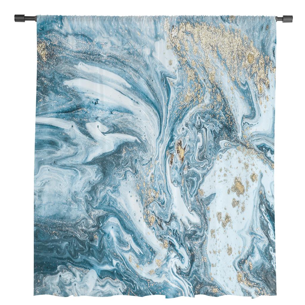 Marble Blue And Gold Abstract Sheer Voile Window Curtains Tulle Curtains Living Room Balcony Decoration Drapes