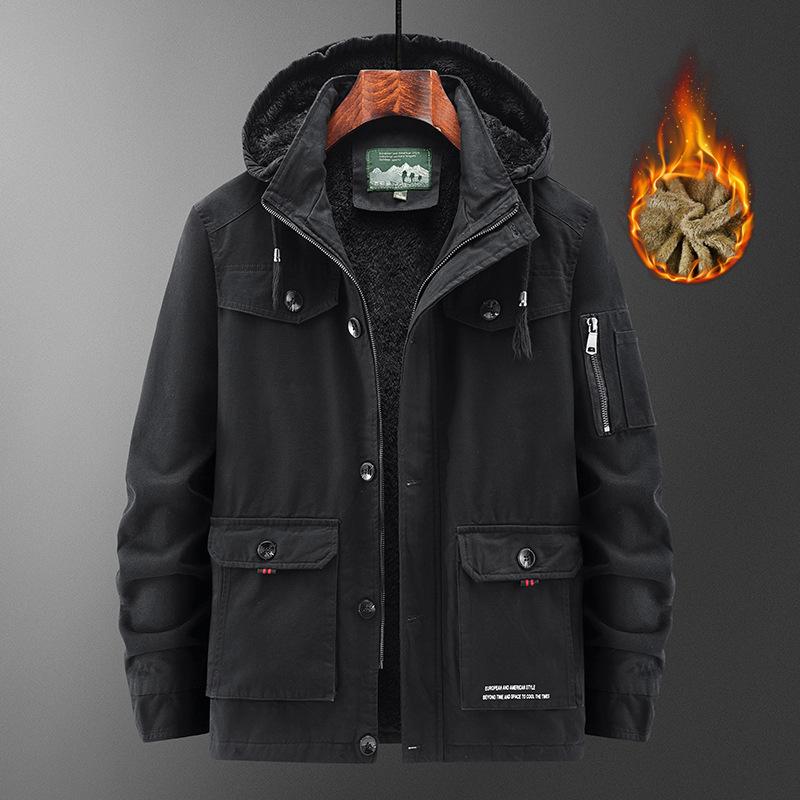 Giacca Imbottita con Cappuccio Multip tasche Giacca in Pile da Uomo Mezza Età Puro Cotone Casual Calda Giacca Militare