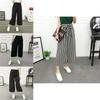 Women Wide Korean Leg High Waist Loose Baggy Casual Striped Crop Pants Trousers