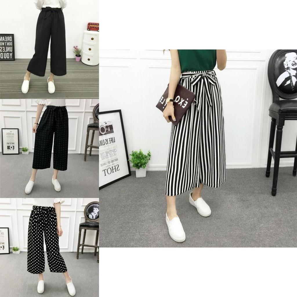 Women Wide Korean Leg High Waist Loose Baggy Casual Striped Crop Pants Trousers