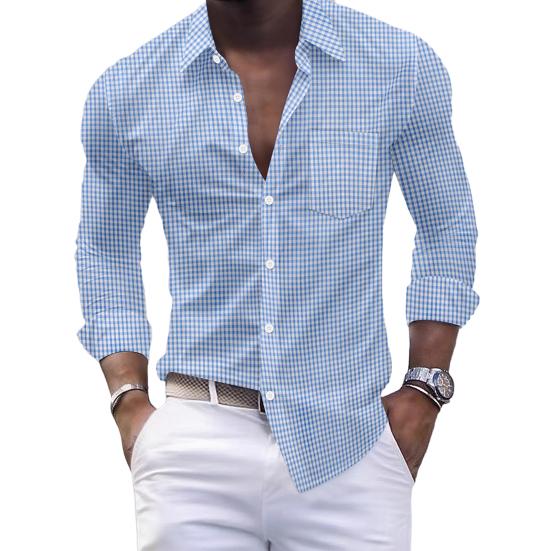 

Чоловіча картата сорочка з довгим рукавом на ґудзиках з кишенею, приталена, з коміром, повсякденна, офіційна, для випускного, робочих вечірок, побачень S небо синє кольору