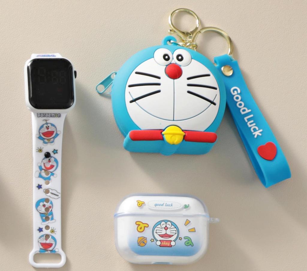 Kreskówkowe Silikonowe Etui Ochronne z Portmonetką na Monetę na Zamek Błyskawiczny, Wykwintny Zegarek LED i Bezprzewodowe Słuchawki Bluetooth TWS