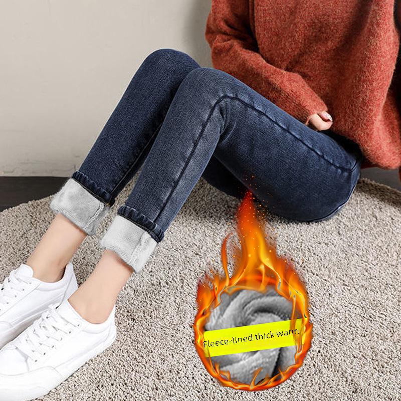 Женские узкие плюшевые джинсы с высокой талией — плотные, эластичные, облегающие брюки-карандаш для зимы