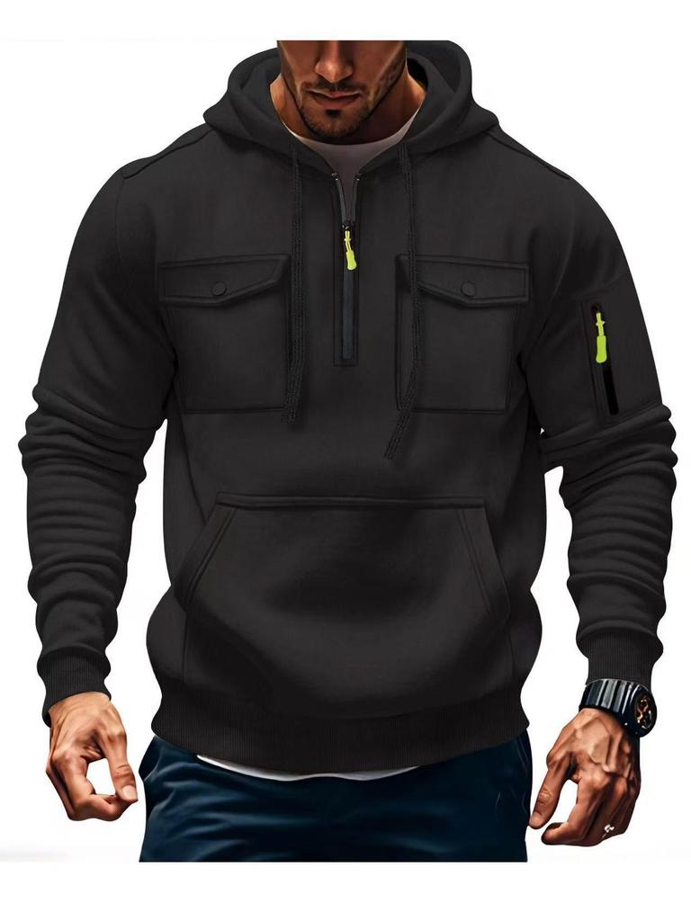 Men's Multi-Pocket Fleece Lined Hoodie Jacket - Casual and Versatile for Autumn/Winter