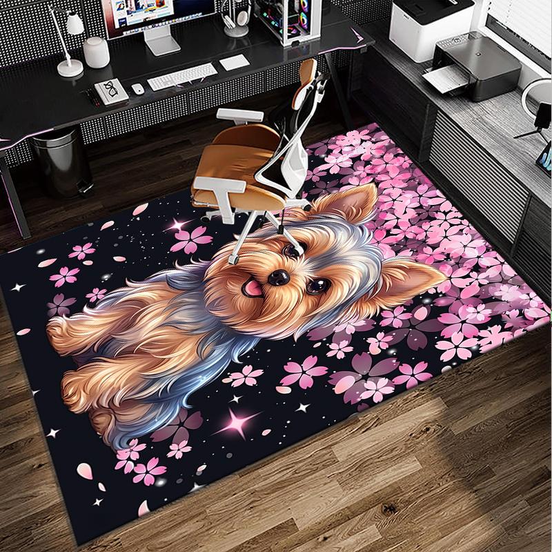 Cherry Blossom Yorkie Office Rug Chair Mat, Entryway Carpet, Suitable for Front Door, Bedroom, Living Room, Desk, Holiday Gift