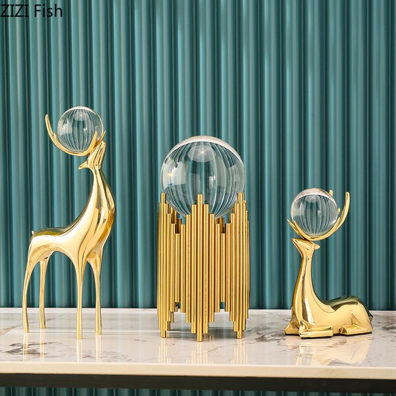 Crystal Ball Decorative Brass Deer Statue Desk Decoration Ornaments Creative Golden Deer Delicate Sculpture Room Aesthetic Decor