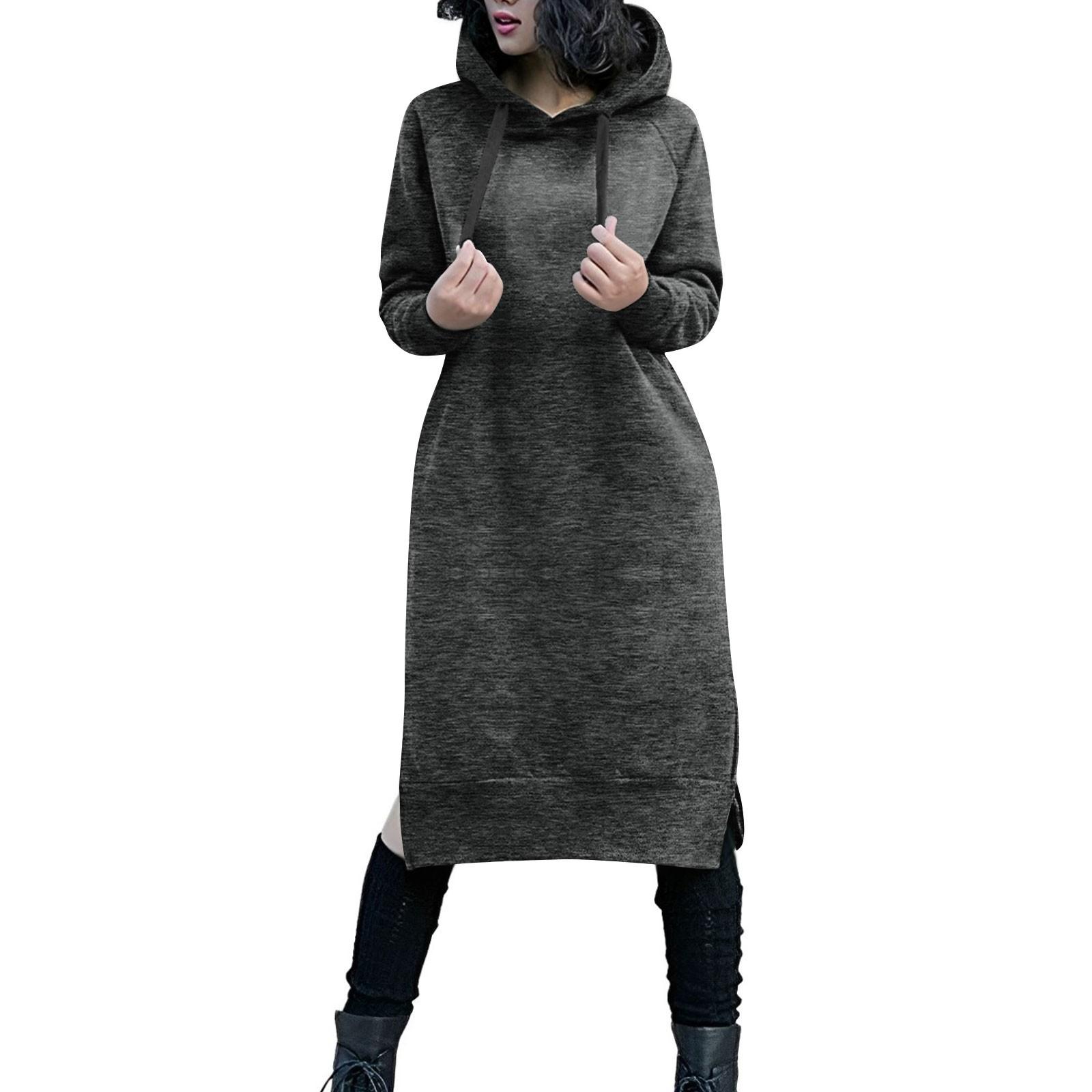 

Милое платье с капюшоном для девочек-подростков, однотонное платье-толстовка с длинными рукавами и карманами на шнурке, осеннее платье больших размеров S