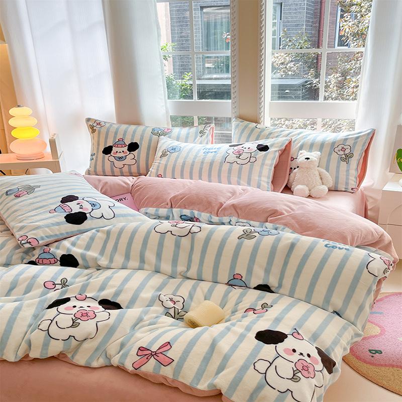 Winter milk fleece four-piece set thickened warm high gram weight double-sided fleece printed double-spell design bed sheet quilt cover