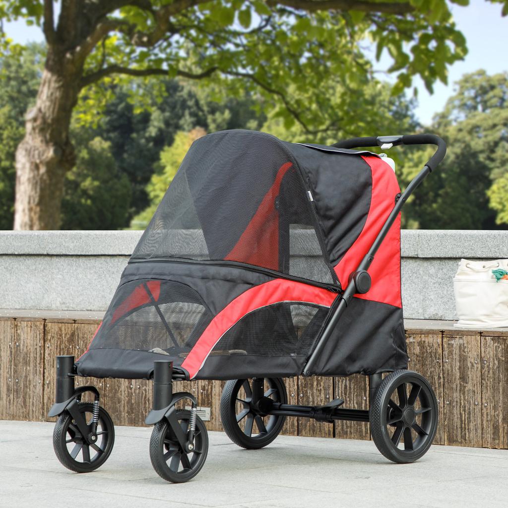 Faltbarer Haustierkinderwagen für mittelgroße Hunde mit vier großen Rädern, stoßdämpfendem Rahmen, Sicherheitsleinen, Bremsen, Rot/Schwarz