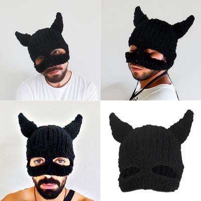 Half Facecover Hat for Women Men Fashion Knitted Horned Hat Winter Warm Windproof Hat Masquerades Party Props Headwear