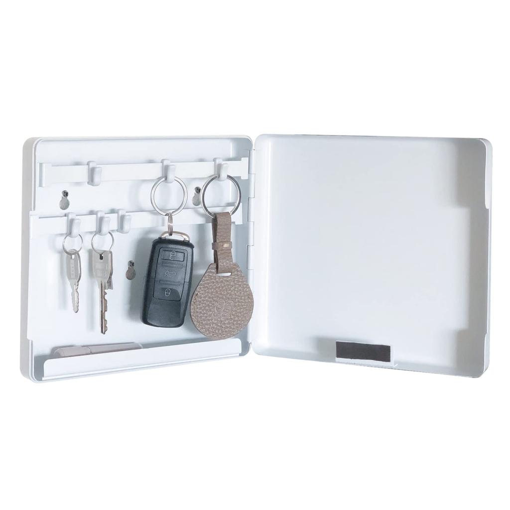 Carl Office Magnetic Key Hanger, Box-Shaped, Adjustable Hooks, Key and Small Item Storage, Steel, White, Holds 6 Keys, KH-002-W