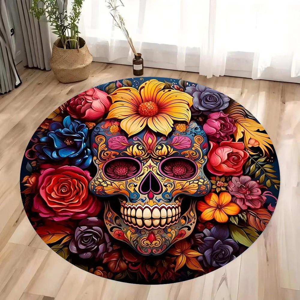 Halloween Terrifying Rose Skull Round Carpet Gothic Rose Carpet Bedroom Living Room Decoration Halloween Gift