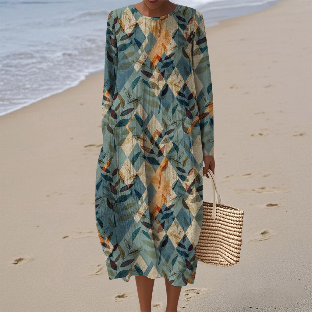 Women's Fashionable Casual Long-Sleeved Round Neck Retro Geometric Print Elegant Dress