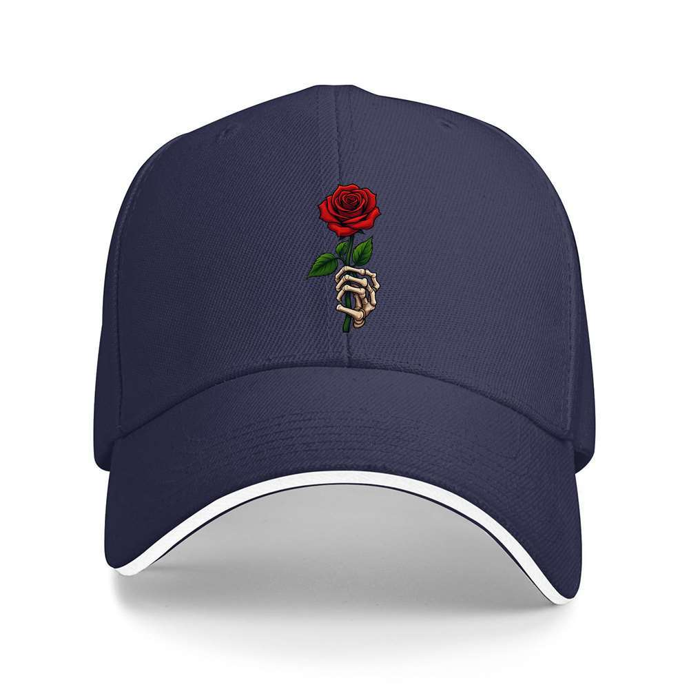 Skeleton Hand Holding Red Rose Baseball Cap Unisex Adjustable Polyester Casual Headwear
