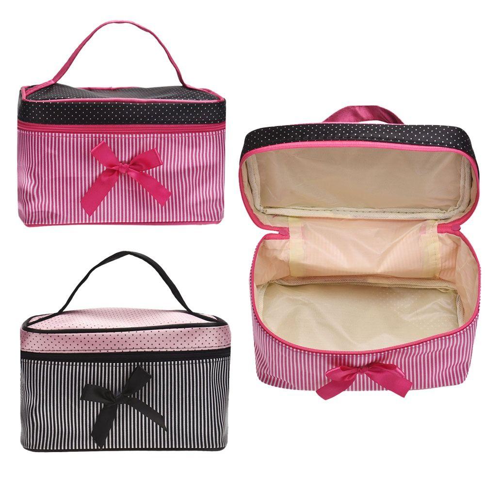 Cute Portable Cosmetic Bag Bow Stripe Wash Organizer Handbag Toiletry Pouch Storage Women Girl