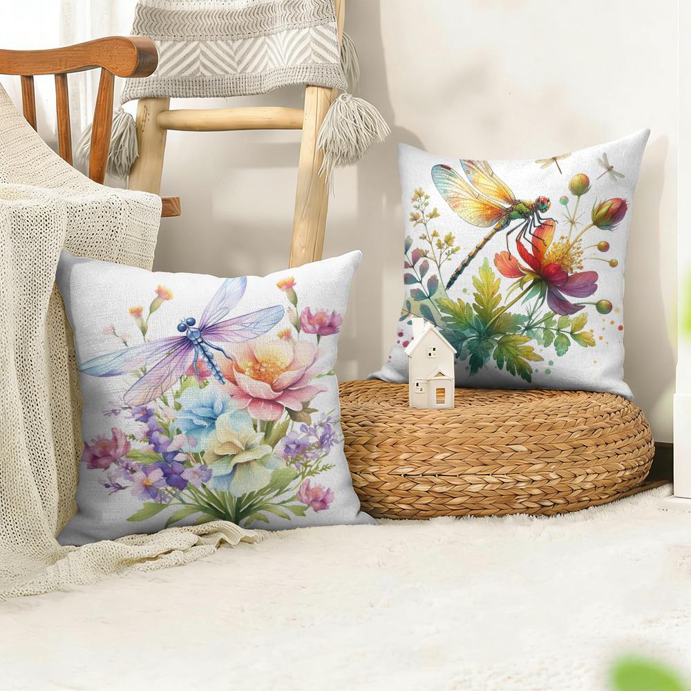 Watercolor Dragonflyflower Cushion Cover Natural Linen Organic Fabric DoubleSided Printing Sofa Home Decor Gift Pillow Cover