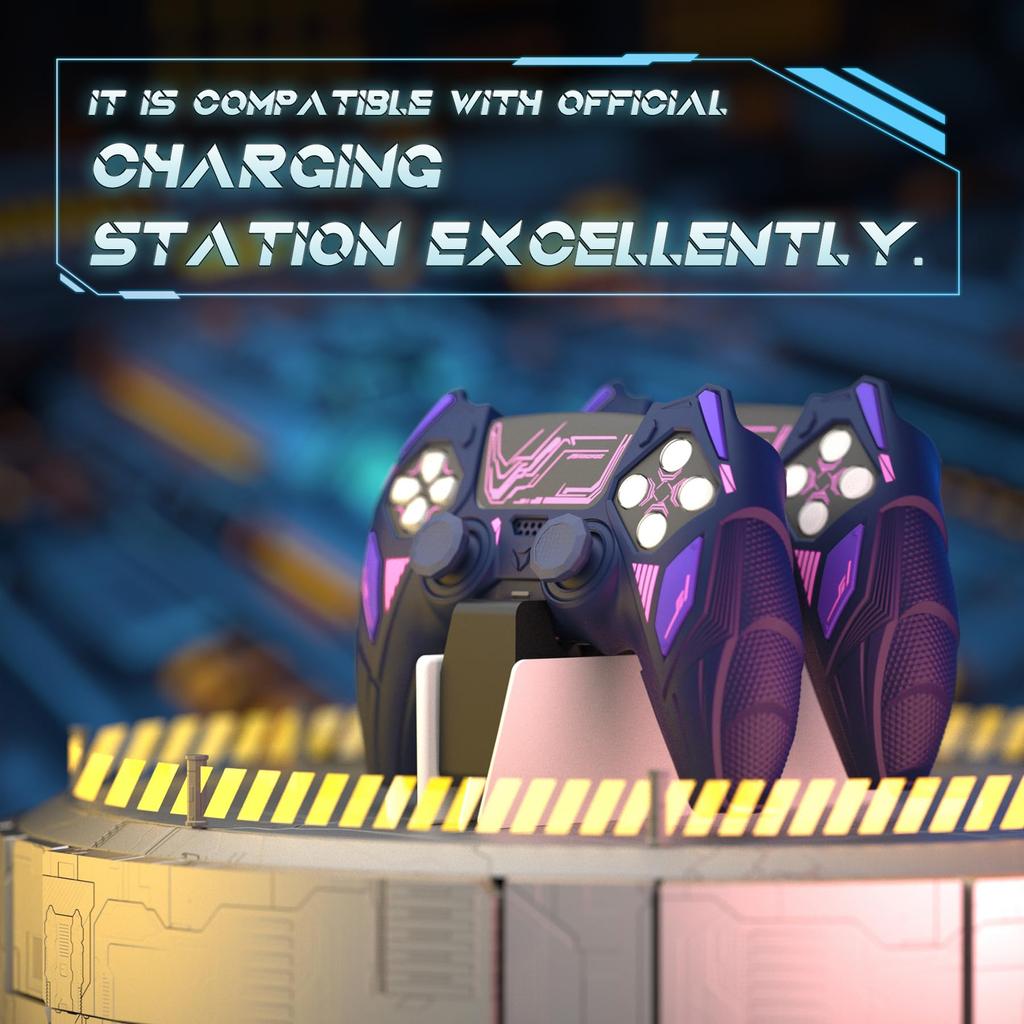 PlayVital PS5 Controller Silicone Mecha Rhino Shockproof Protective Easy Includes Thumb Grips and Compatible with Charging Midnight Blue and Purple