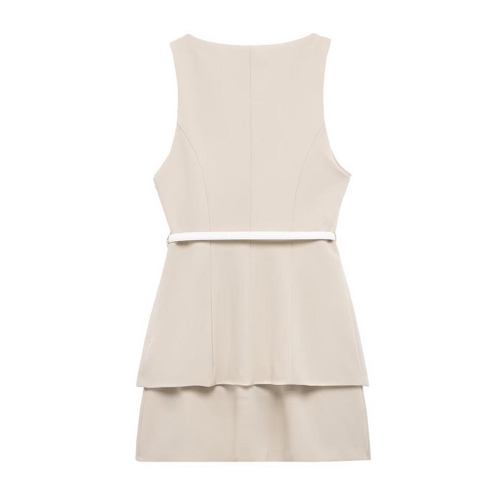 2025 Spring Women's Slim Fit Belted Round Neck Casual Dress