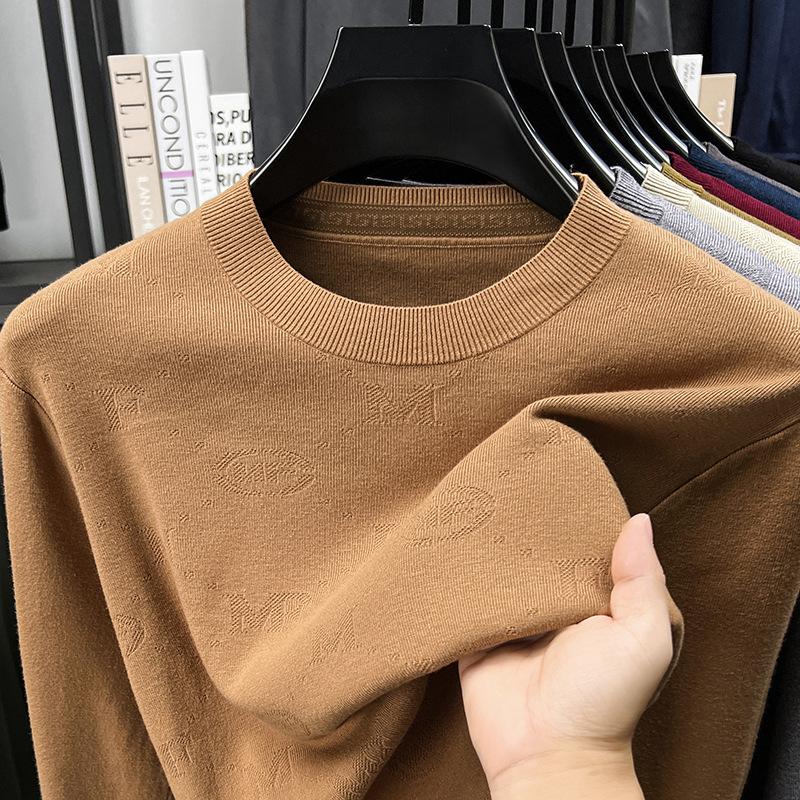 New Autumn And Winter Men'S Sweater Solid Color Round Neck Jacquard Casual Fashionable Simple Knitwear Base Sweater Top