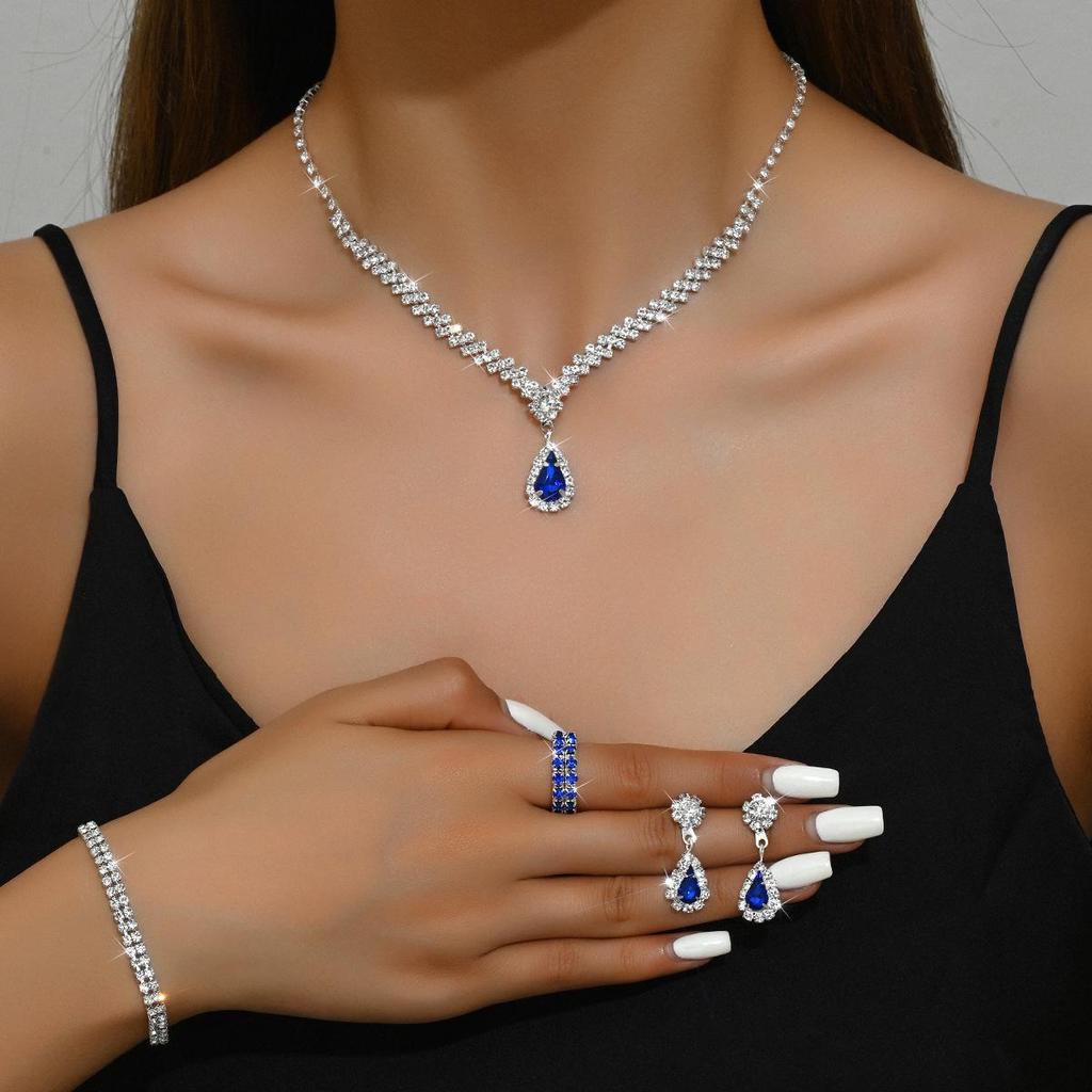 European-American Bridal Jewelry Set: Necklace, Bracelet, Ring, Zircon Earrings - Perfect for Weddings and Evening Dresses