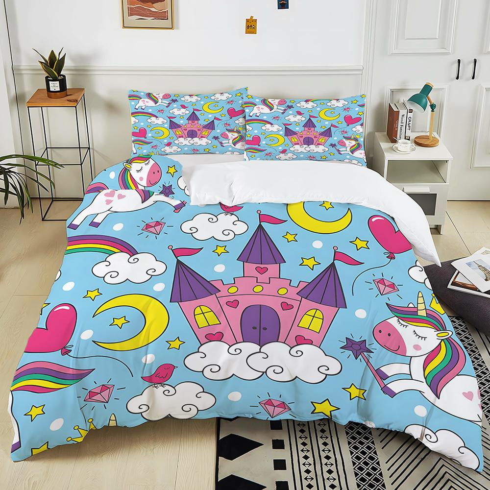 Magical castle with rainbow unicorn Print Bedding Set 1 Duvet Cover 2 Pillowcases for Adult and Children Luxury Gift Full Size