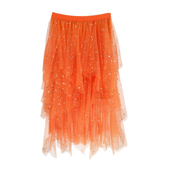 

Жіноча спідниця Еластична Висока талія Неправильний Багатошаровий Дизайн Подолу Міді-спідниця Блискучий Декор Стразами Звужуюча Вечірня Спідниця Для Повсякденного Носіння помаранчевий
