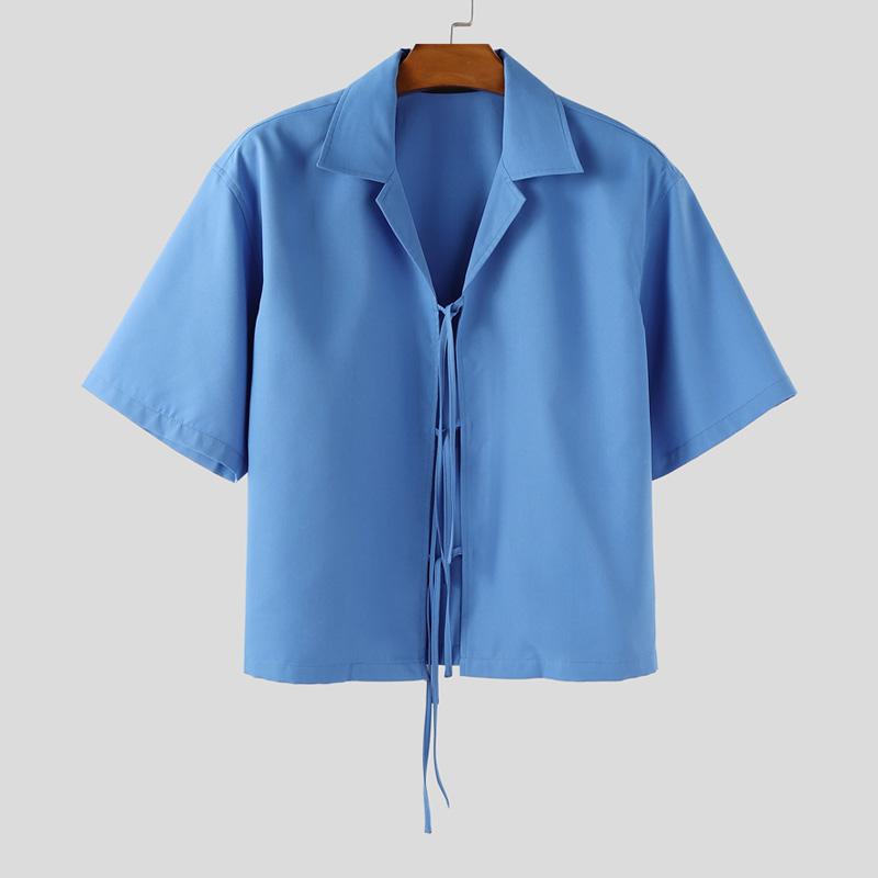 INCERUN Летние мужские рубашки с лацканами, коротким рукавом, однотонные, с бантом, повседневные укороченные 2XL синий