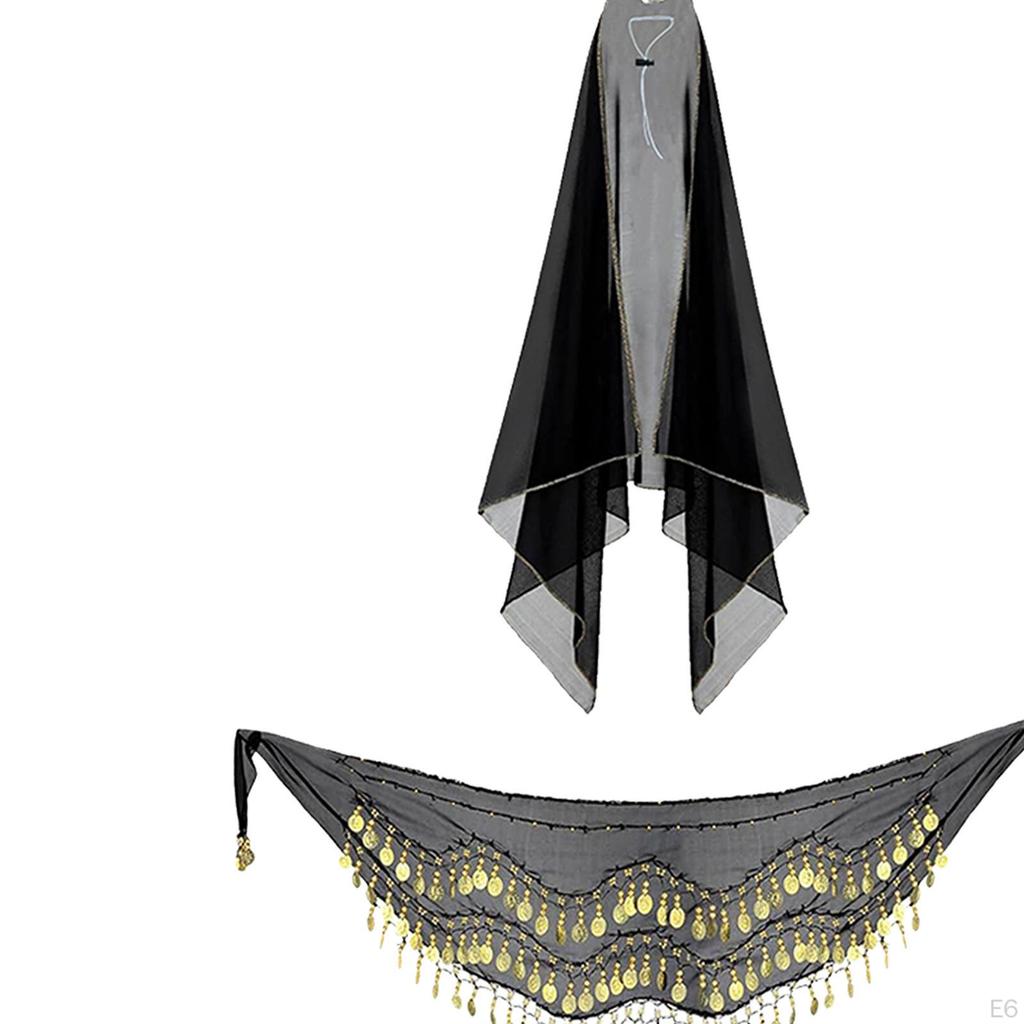 Belly Dancing Skirt and Head Scarf Adjustable Dance Outfit with Sequin Tassels for Festival