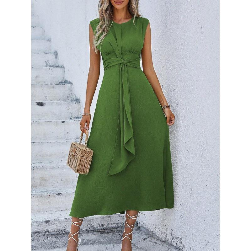 2025 New Summer Women s Solid Color Sleeveless Tie-Up Waist Dress Large
