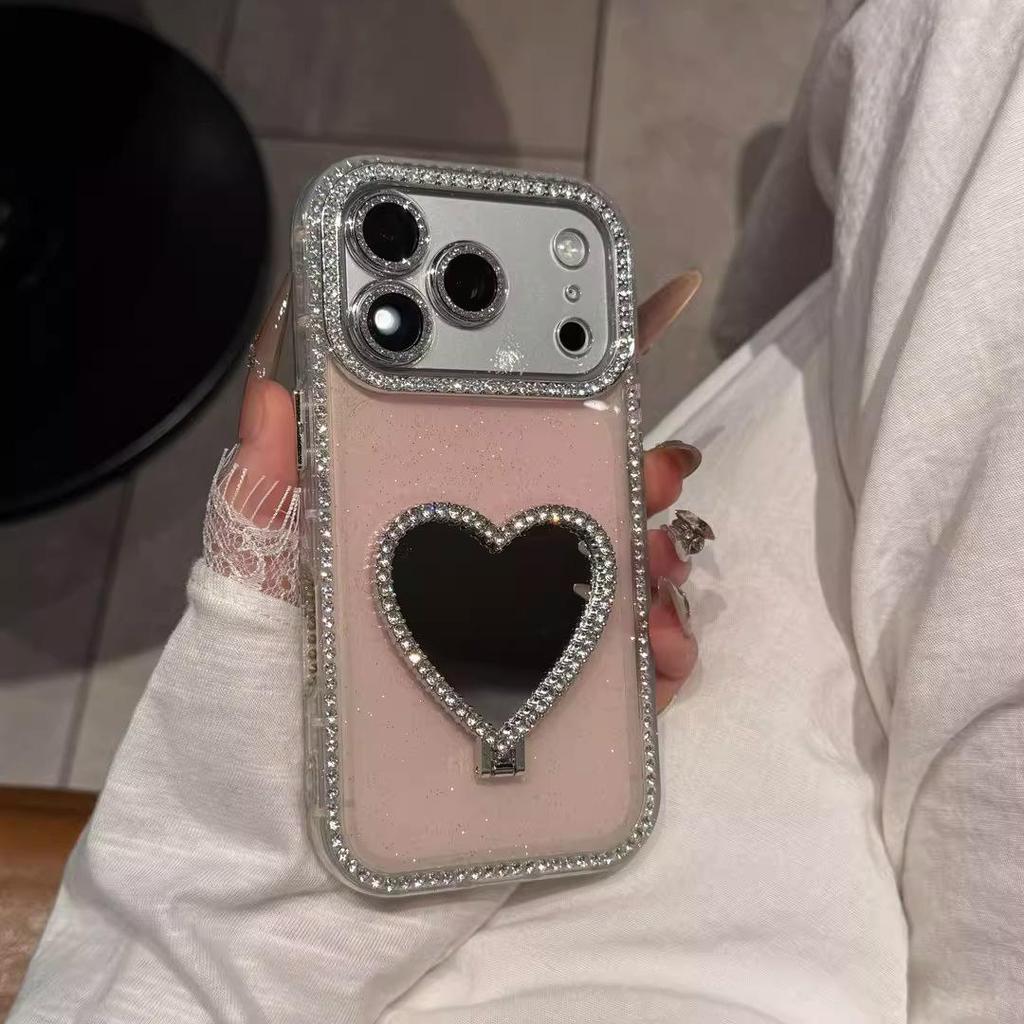 Heart-Shaped Mirror Bracket for iPhone 14-17 Pro Cases with Side Drill and Glitter