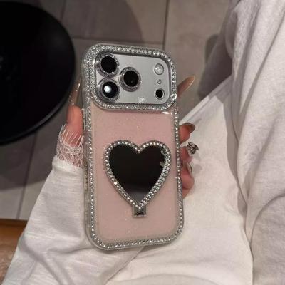 Herzförmiger Spiegelhalter für iPhone 14-17 Pro Hüllen mit seitlicher Bohrung und Glitzer