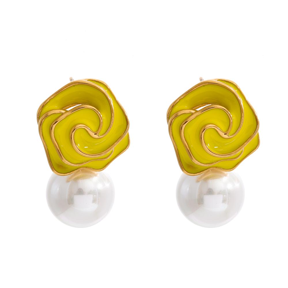 

Yhpup White Yellow Enamel Flower Imitation Pearls Stud Earrings for Women Gold Color Stainless Steel Chic Charm Classic Jewelry