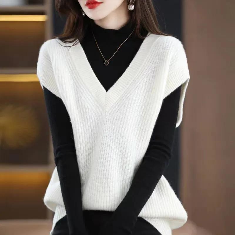 Spring Autumn Winter Knit Vest Women's V-neck Solid Color Top Loose Casual Pullover Pull Jumper Sleeveless Ted Bat Shirt All-match Harajuku Commuting