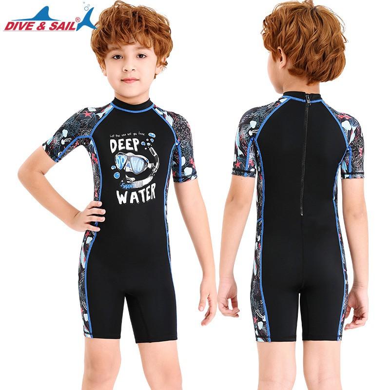 Kids UV Protection Swimsuit With Short Sleeves One-Piece Rash Guard Girls Boys Toddler Beach Snorkeling Quick-Dry