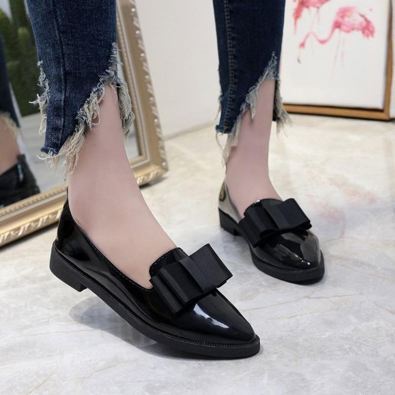 Patent Leather Pointed Head Shallow Mouth Bow Single Shoes Women's Large Size Flat Bottom Low Heel Women's Shoes