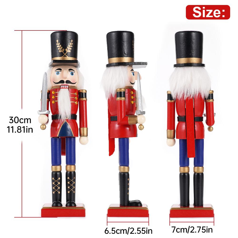 30cm Wooden Nutcracker Ornament Soldier Figurement Handcraft Doll Toy Home Office Table Xmas Decoration Statues Christmas Gift