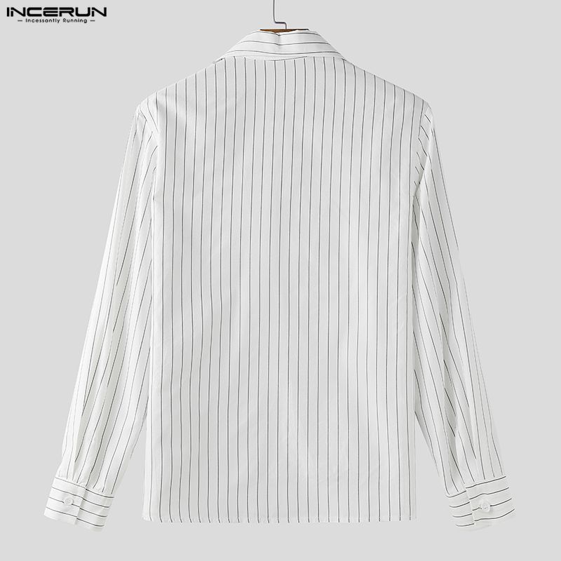 INCERUN Oversized Men Casual Long Sleeve Lapel Striped Print Shirts