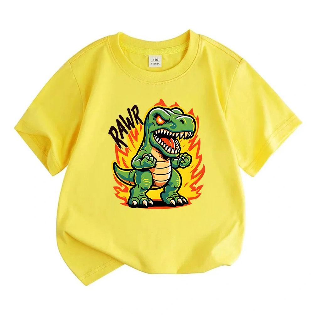 Kids Boys Girls 100% Cotton Crew Neck Short Sleeve T-Shirt, Cute Angry T-Rex Dinosaur Rawr Print Casual Comfortable Tees for Children Daily Wear