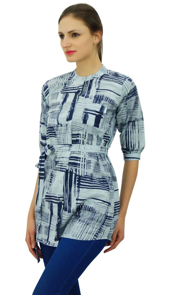 Bimba Indian Grey Tunic Top Cotton Printed Mandarin Collar Neck 3 4 Sleeve Blouse Casual