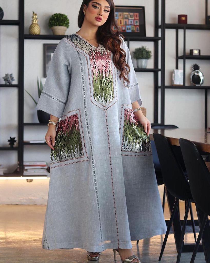Dubai Sequin Embellished Jalabiya - Eid Muslim Women's Long Robe