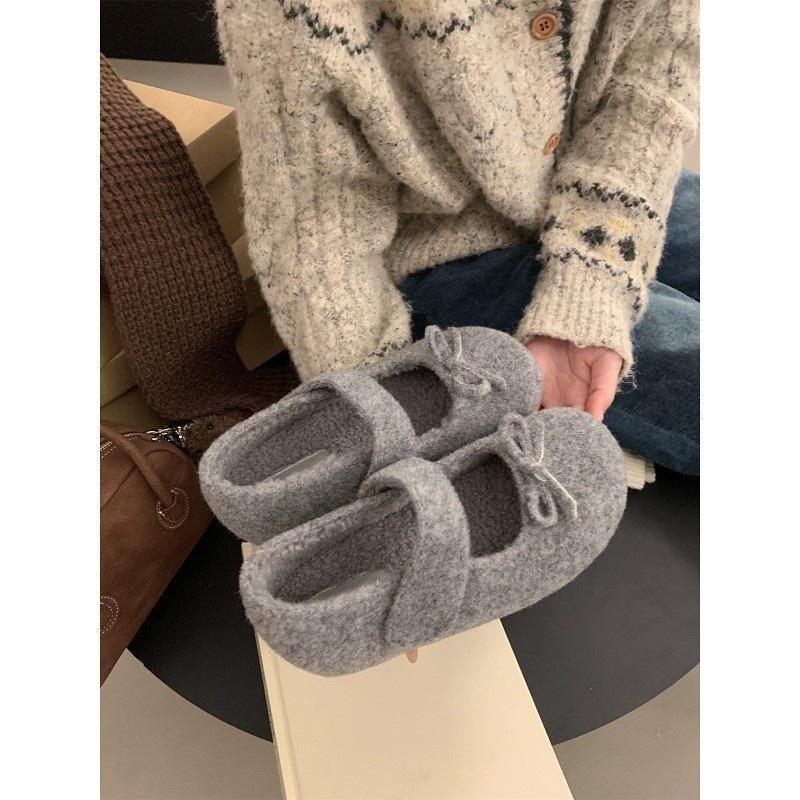 Xiaoxiangfeng bow gray inner heightening fleece Birkenstocks thick-soled Mary Jane light-mouth fluffy shoes