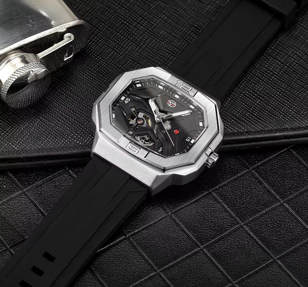 Forsining Mens Skeleton Automatic Self Wind Mechanical Movement Watches Waterproof Luminous Square Dial Silicone Strap Wrist Watch