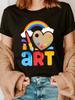 Women's Rainbow Heart Painter Pencil T-Shirt - Short Sleeve Crew Neck Casual Top with Print, Summer Spring Clothing Gift for Artists & Lovers