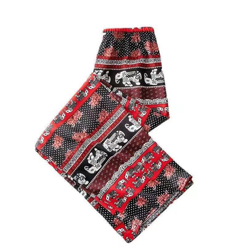 Women's Summer Bohemian Elephant Print Ice Silk Wide-Leg Yoga Pants