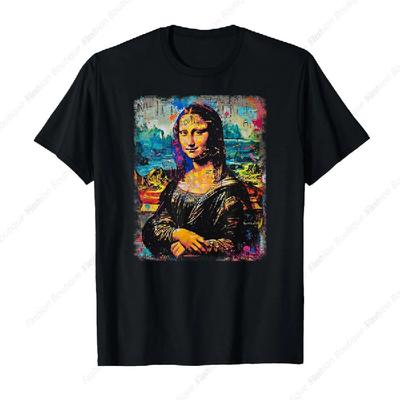 Abstract Graffiti Art Leonardo Da Vinci Art Mona Lisa T-Shirt Casual O-Neck Cotton Short Sleeve High Quality Cotton Shirt