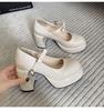 White French small thick heel high heels women's 2025 new summer round head retro Mary Jane small leather shoes